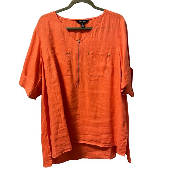 Ellen Tracy Womens Orange Linen Top With Front Zipper & Pockets Sz 1X - Picture 1 of 12